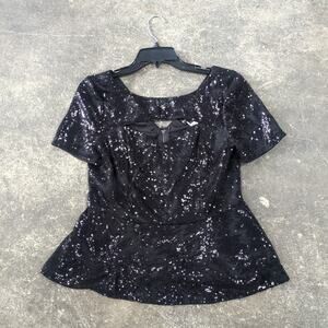 Nikibiki Midnight Sequin Sparkling Top Womens L Black Peplum Shirt Blouse